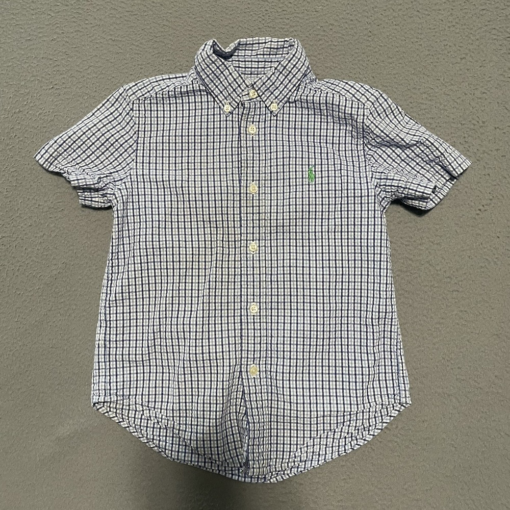 Polo Ralph Lauren Seersucker Blue White Long Sleeve‎ Button Up Shirt Kids Size L